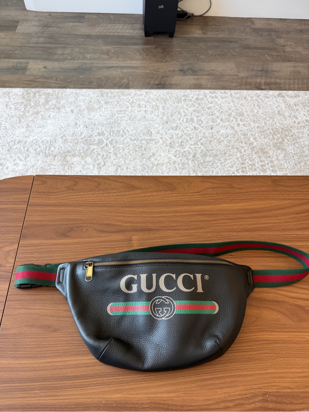 Authentic Gucci Black Leather Belt Bag With Green-Red Web Stripe